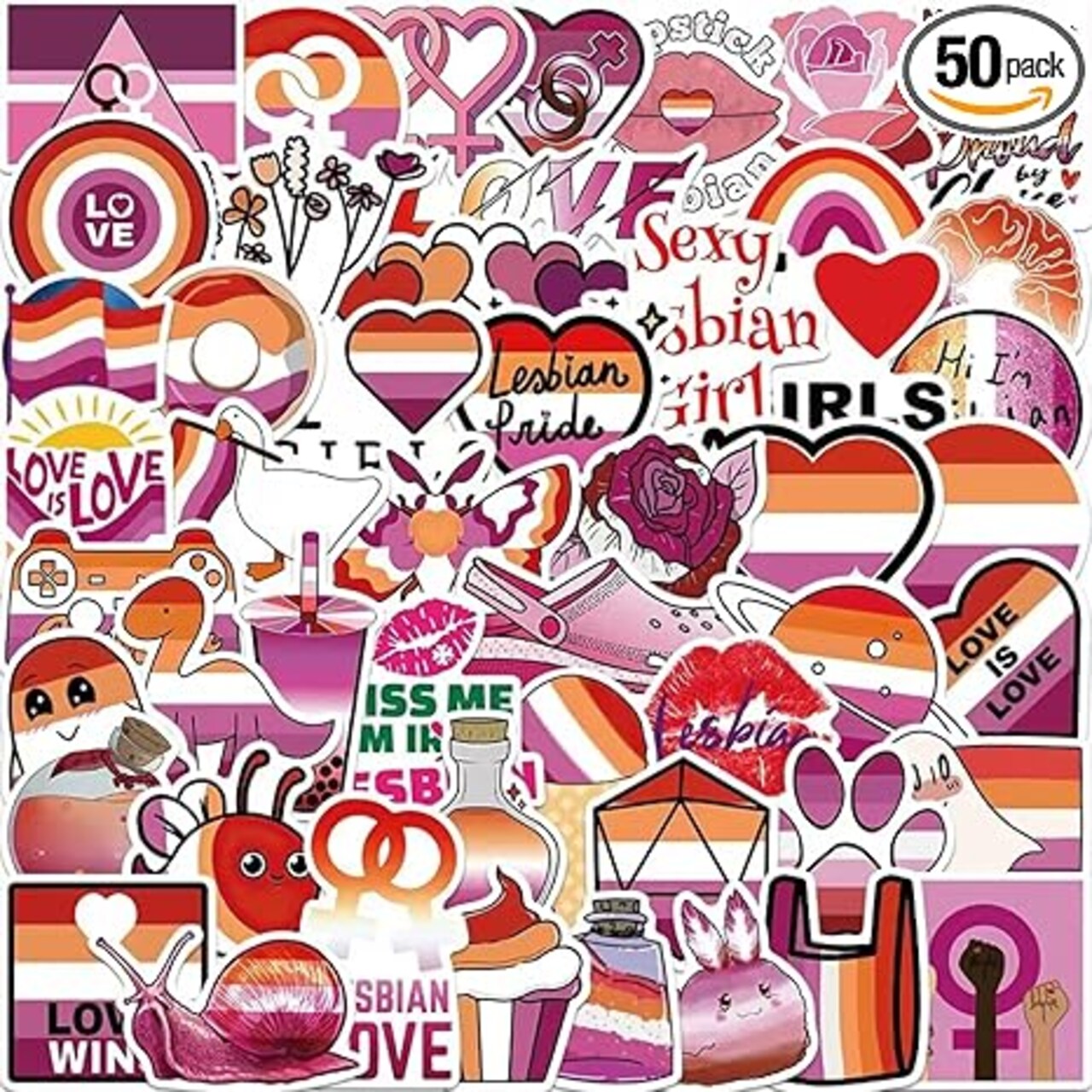 Lesbian Pride Stickers |50 Pcs Lesbian Love Waterproof Vinyl Decals for Water Bottles Book Laptop Bicycle Luggage Cup Mobile Phone Encouragement Décor